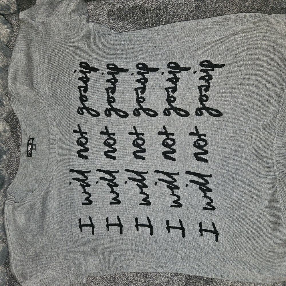 Express Gray Sweater with Black Text Design